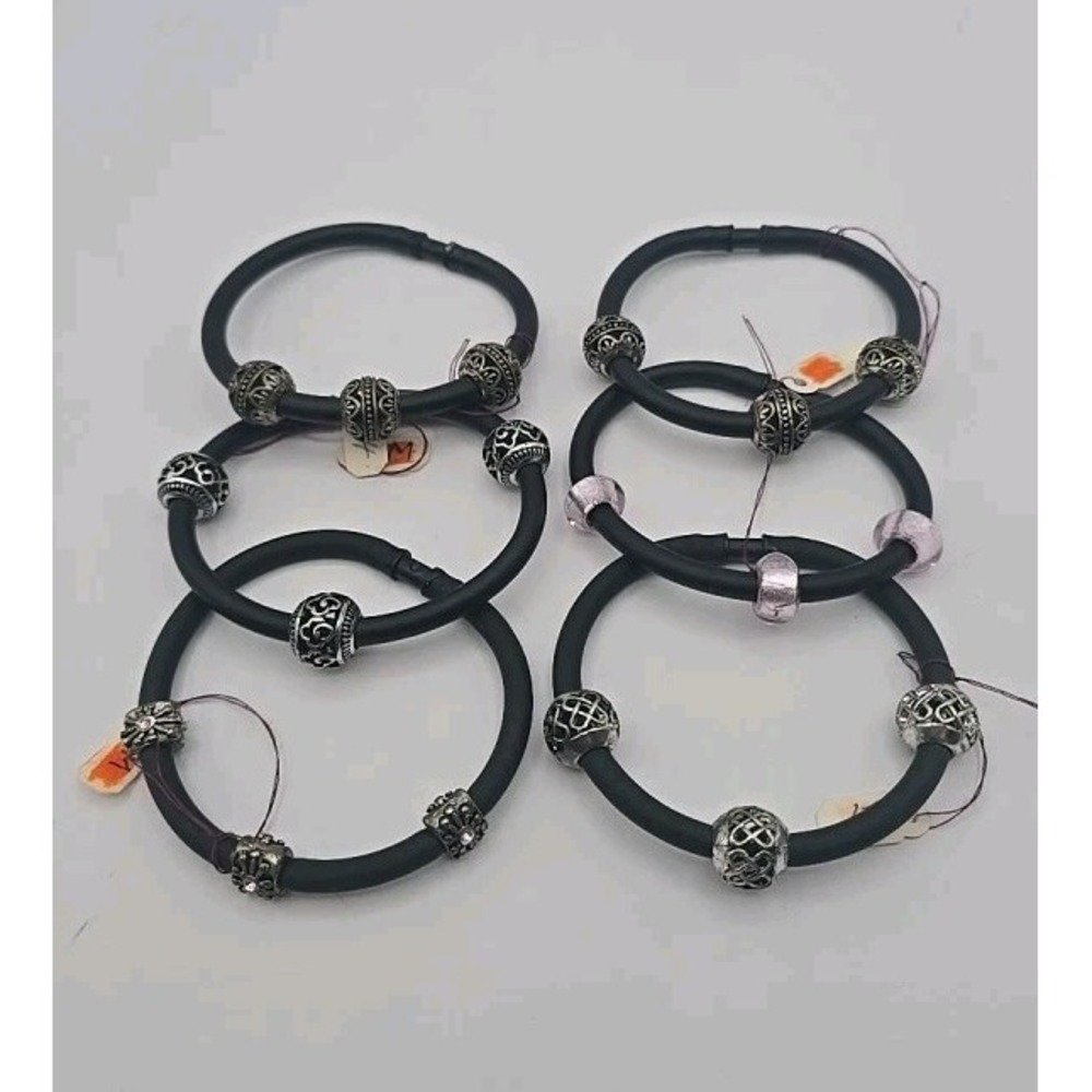 Lot Of 6 M Black Rubber Tube Bracelets Triple Beads Handmade